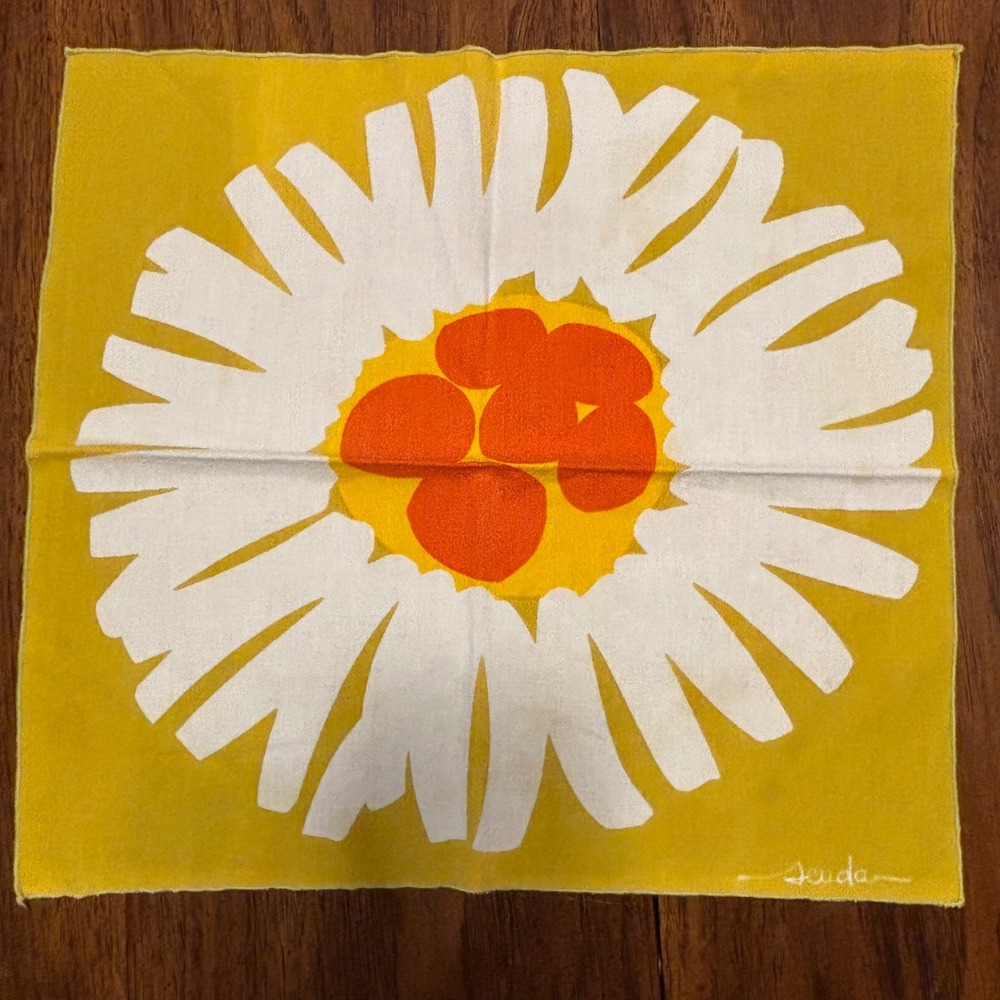 Vintage Yellow Suda Graphic Daisy Floral Print Square Scarf Handkerchief